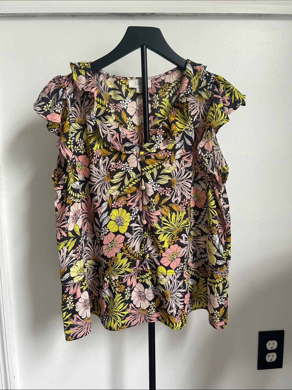 LOFT Black Floral Ruffle Cap-Sleeve Blouse with Pink & Yellow
